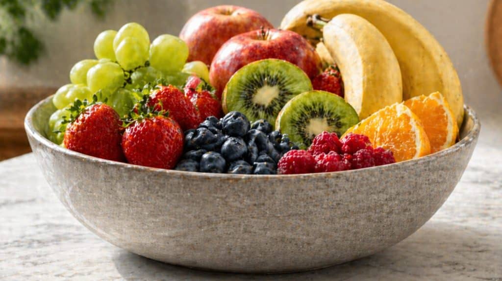 en skål fyldt med sunde frugter